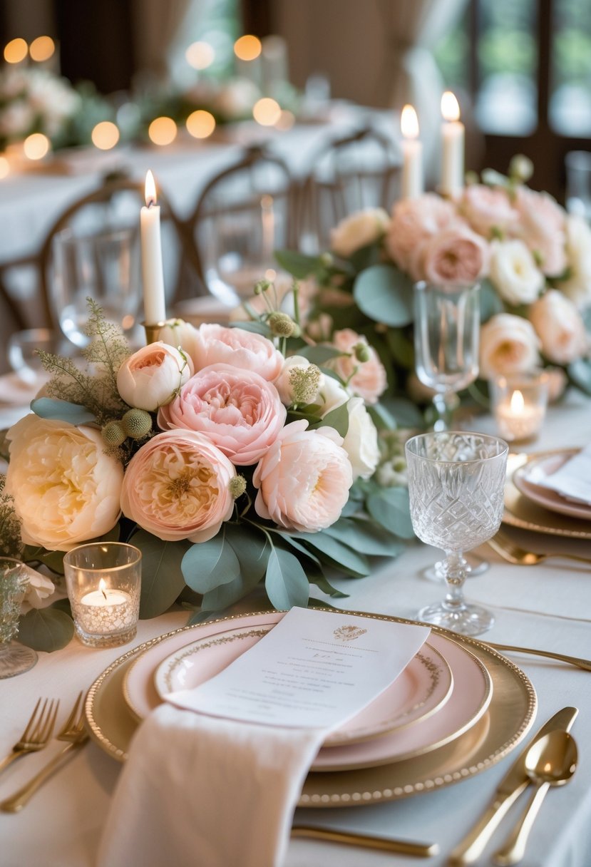 A wedding table decorated with blush pink and cream flowers, candles, and elegant tableware.