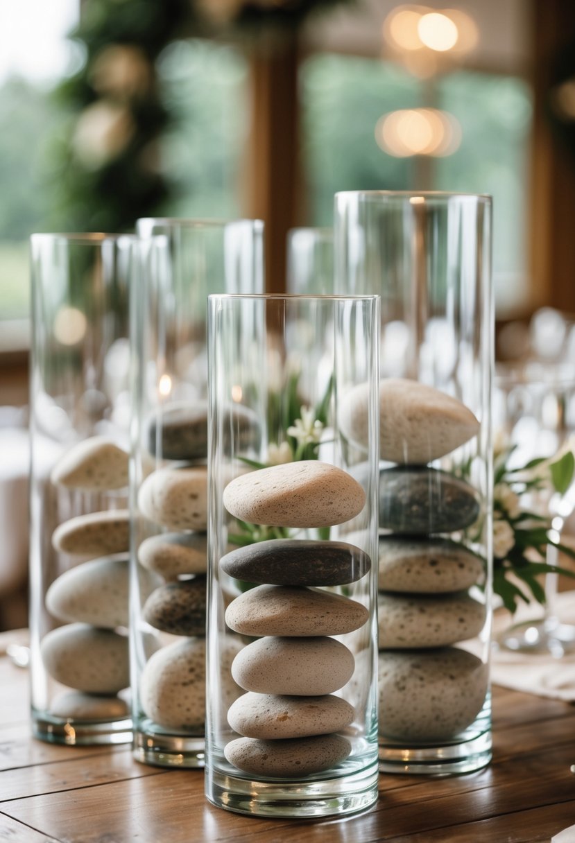 Glass vases filled with layered river rocks arranged on a wedding table.