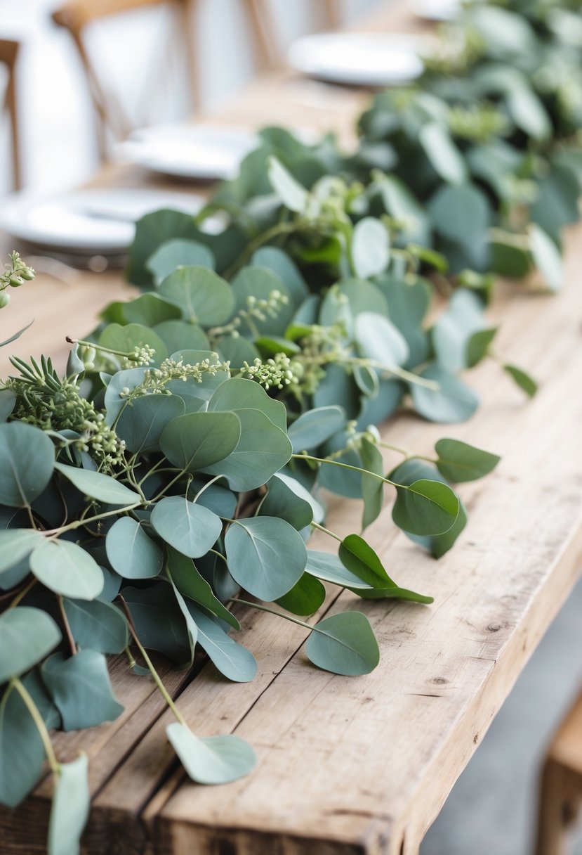 A wooden table decorated with a simple eucalyptus garland as a wedding centerpiece.