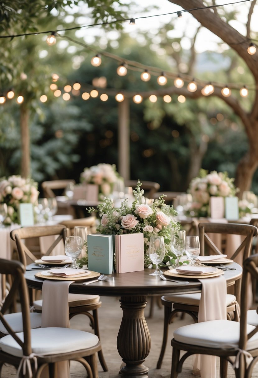 A small wedding table set outdoors with custom vow books at each seat, surrounded by floral decorations and wooden chairs.