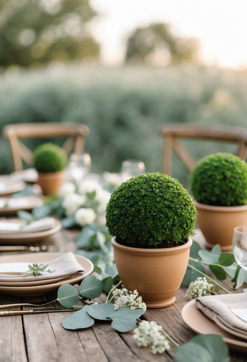 A wooden table with small green topiary centerpieces in pots, decorated with eucalyptus leaves and small white flowers.