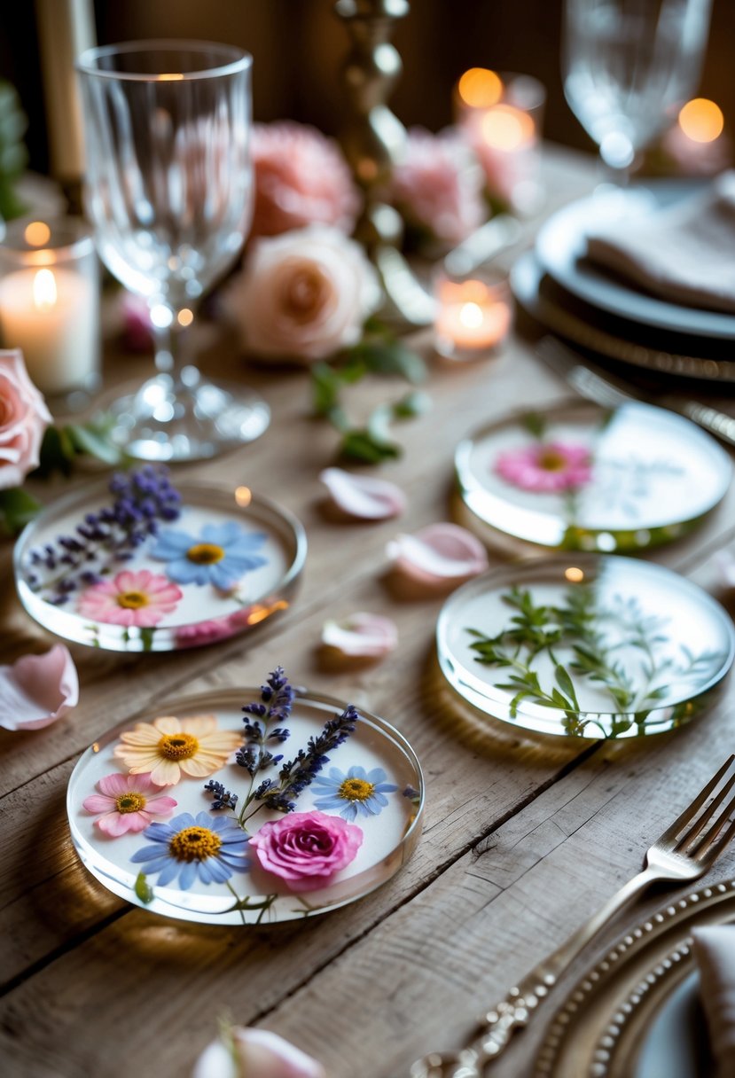 Pressed flower coasters on a wooden wedding table surrounded by rose petals and glassware.