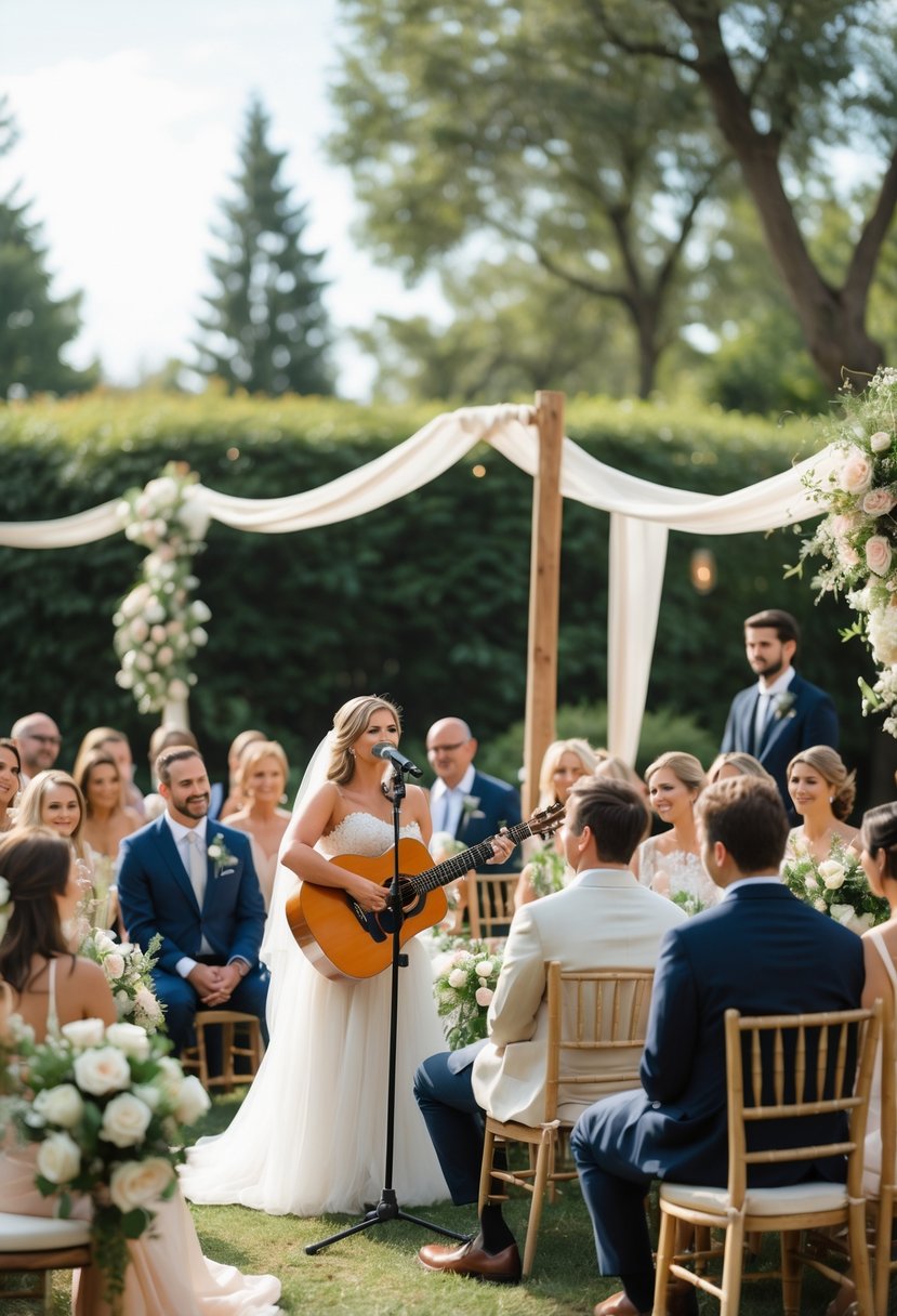 An outdoor wedding ceremony with about 50 guests seated, a musician playing an acoustic guitar, and a bride and groom near the musician.