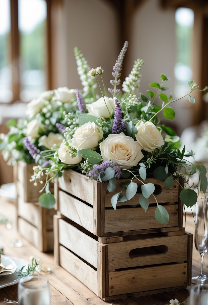 Rustic wooden crates filled with fresh flowers arranged on a wooden table as wedding decorations.