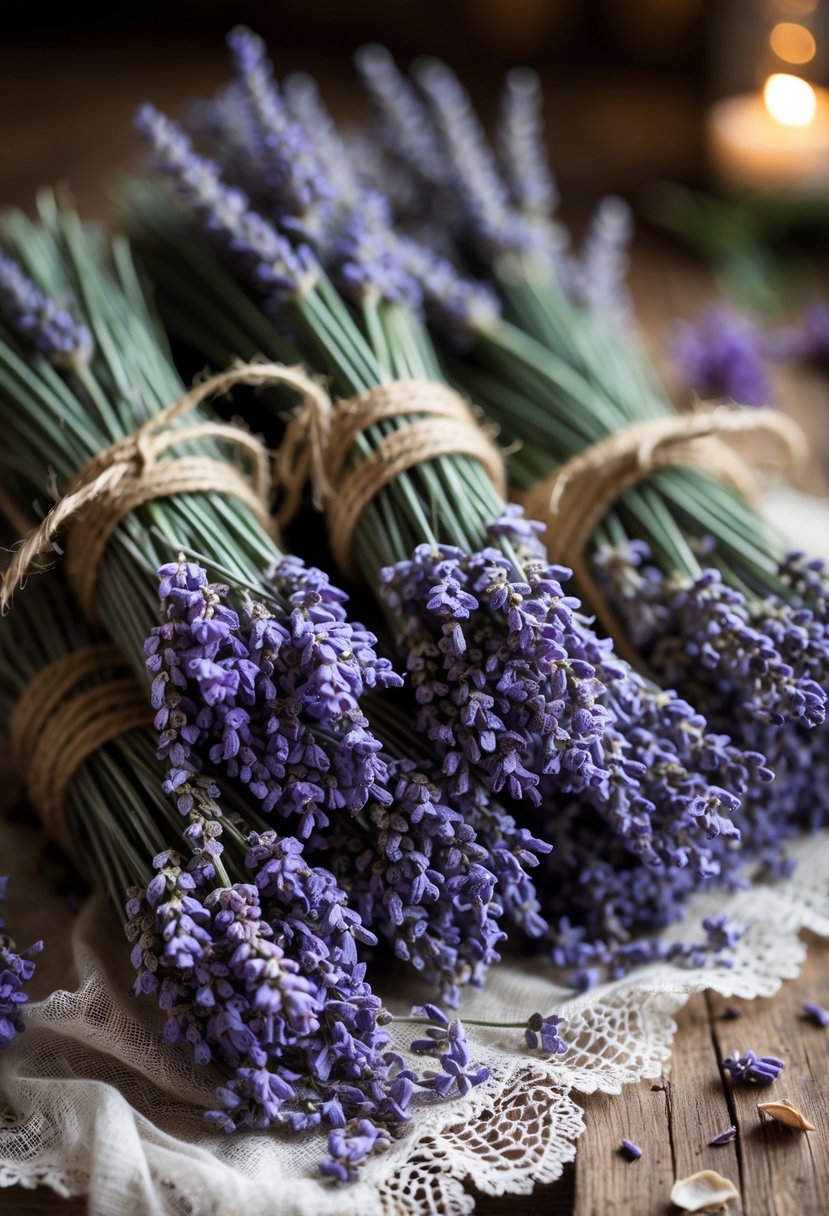 Dried lavender bundles tied with twine arranged on a wooden table with soft lighting.