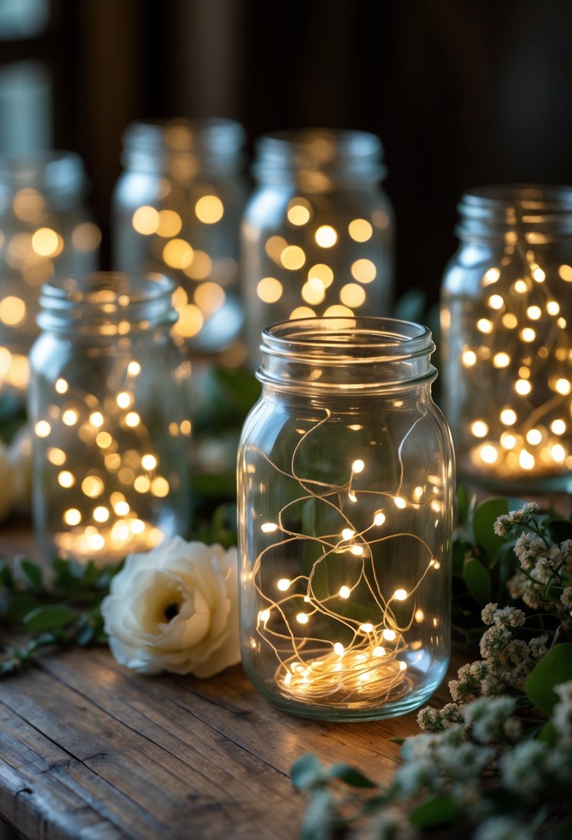 Glass jars filled with twinkling fairy lights arranged on a wooden table with greenery and flowers.