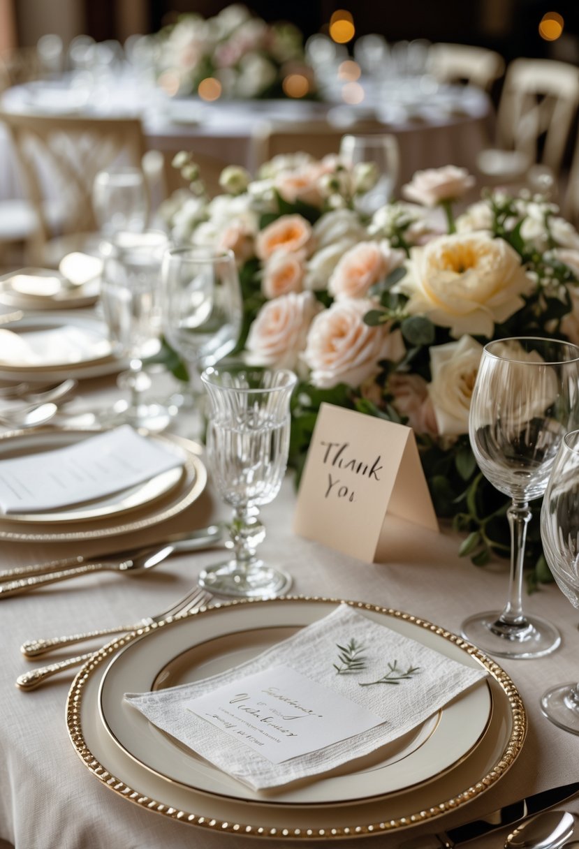 A close-up of a wedding table set for guests with plates, silverware, glassware, floral centerpieces, and handwritten thank you notes at each place setting.