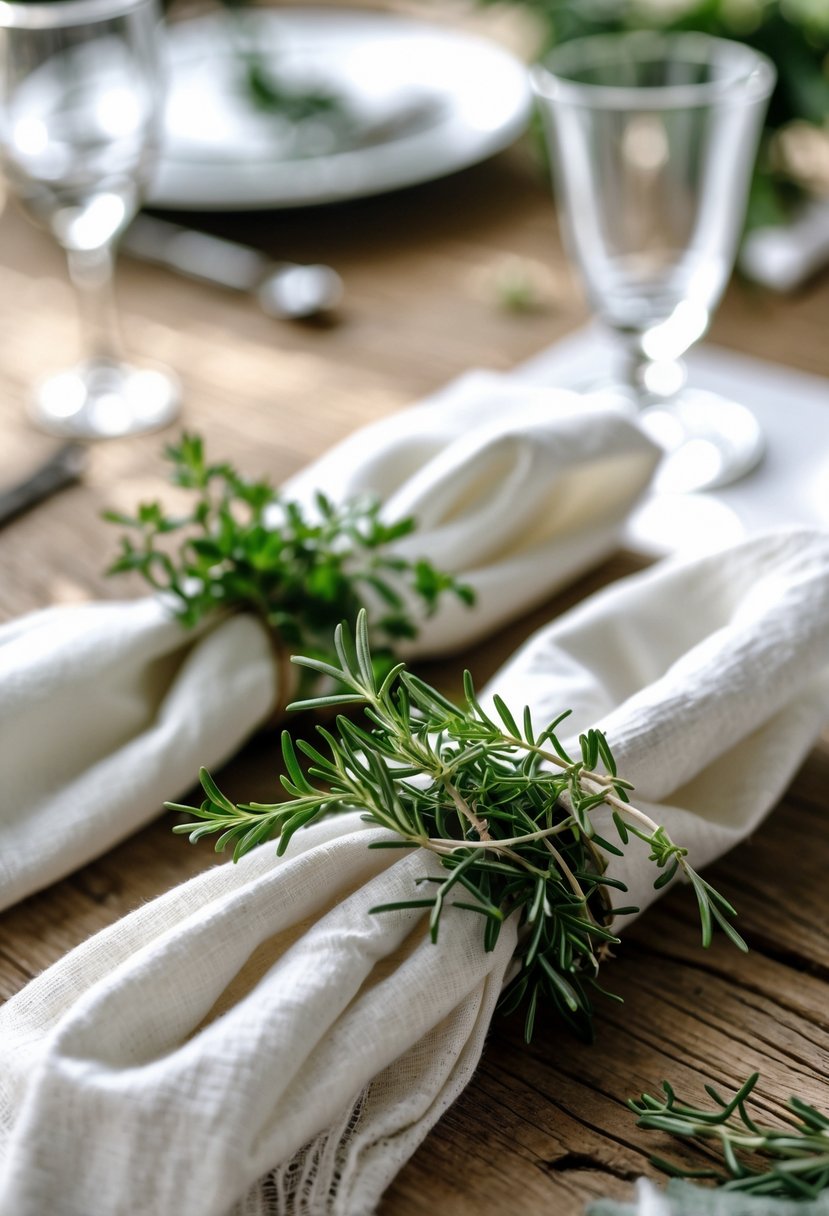 Close-up of a wedding table with white napkins wrapped in fresh green herb sprigs used as napkin rings on a rustic wooden table.
