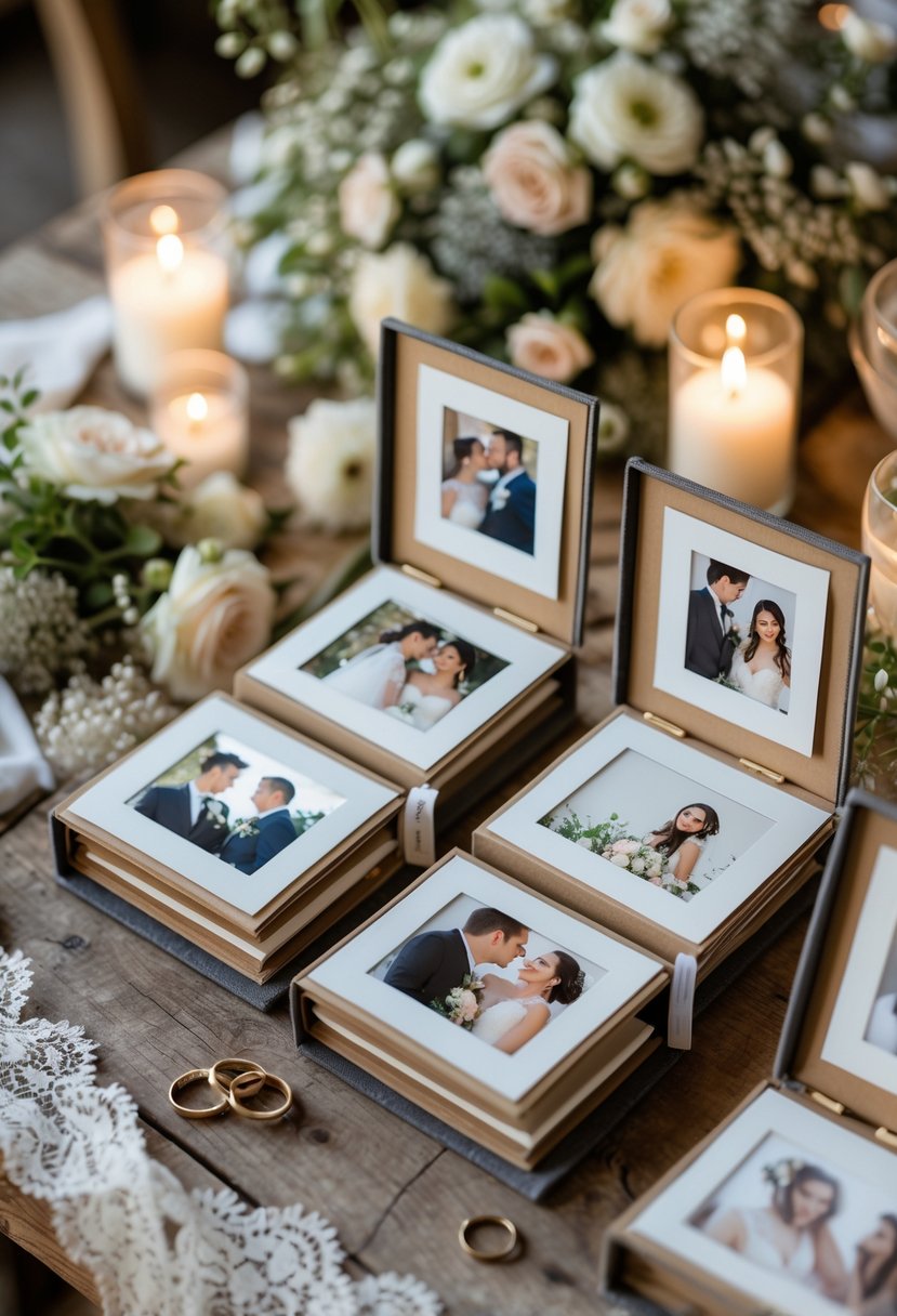 Mini photo albums open on a wooden table showing intimate wedding photos surrounded by flowers and wedding decorations.