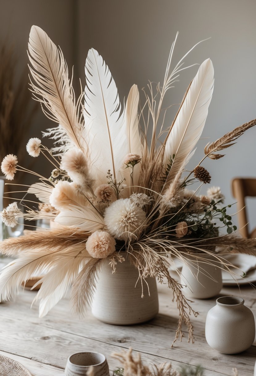 A wedding table decorated with soft feathers and dried grasses arranged in simple vases on a wooden surface.