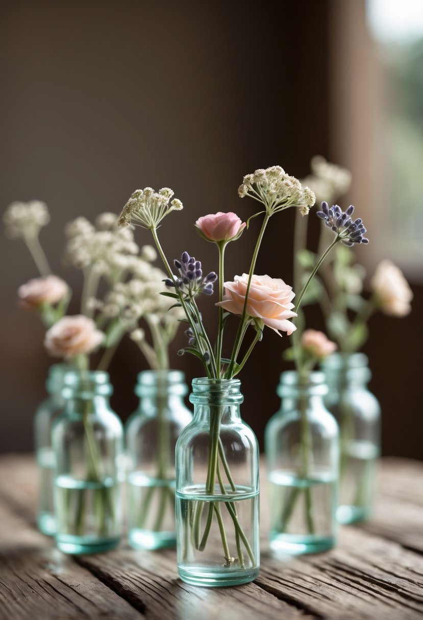Tiny glass bottles with single flower stems arranged on a wooden table as wedding decorations.