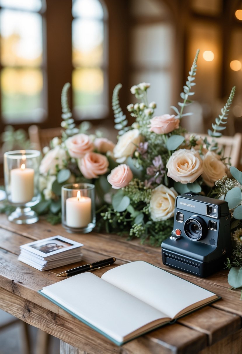 A small wedding guest book station with a Polaroid camera, floral decorations, and an open guest book on a wooden table.
