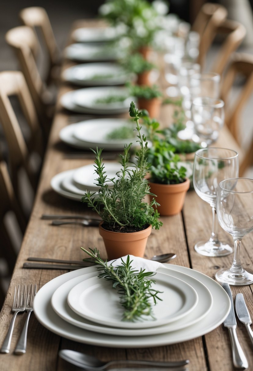 A wedding table with mini potted herbs at each place setting, featuring plates, cutlery, and glassware on a wooden table.