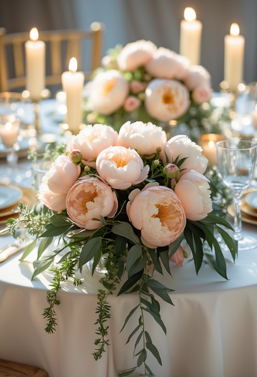 A wedding table decorated with pale peach peony flowers, candles, and greenery in a softly lit setting.