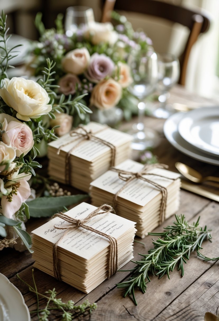 A rustic wooden table with neatly stacked tied recipe cards and small floral decorations, set up as wedding favors.