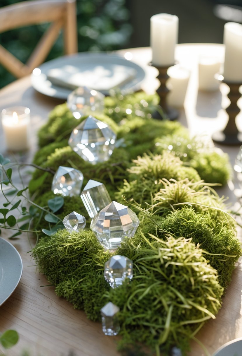 A wedding table decorated with clear crystals and soft green moss on a wooden surface, surrounded by white candles and greenery.