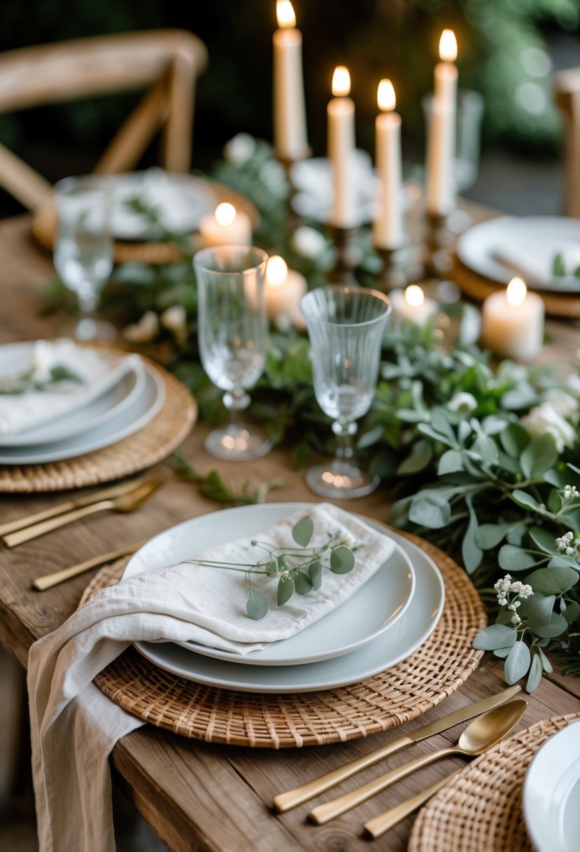 A wedding table set with woven rattan placemats, white napkins, greenery, and small white flowers on a wooden surface.