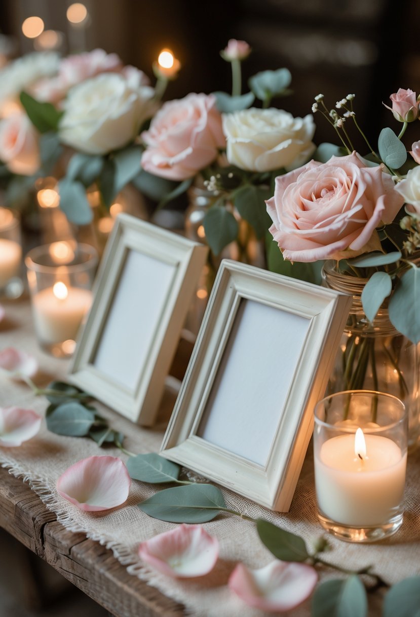 A wedding table with small elegant frames, soft candlelight, and floral decorations including roses and greenery.