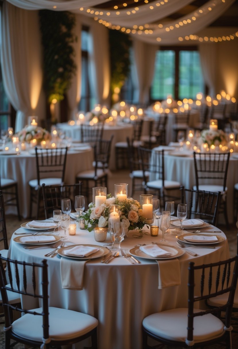 Intimate wedding reception with small round tables lit by candles, floral centerpieces, and neatly set tableware in a softly lit room.