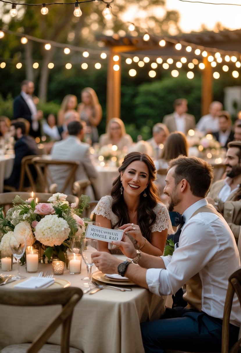 A couple playing a trivia game at a small wedding reception with about 50 guests seated around decorated tables outdoors.