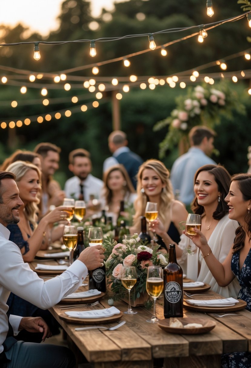 Small outdoor wedding reception with about 50 guests tasting wine and craft beer around decorated tables under string lights.