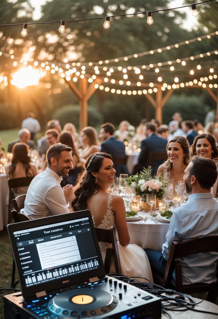 Small outdoor wedding reception with about 50 guests seated at decorated tables, a DJ setup with a laptop nearby, and warm lighting creating a cozy atmosphere.