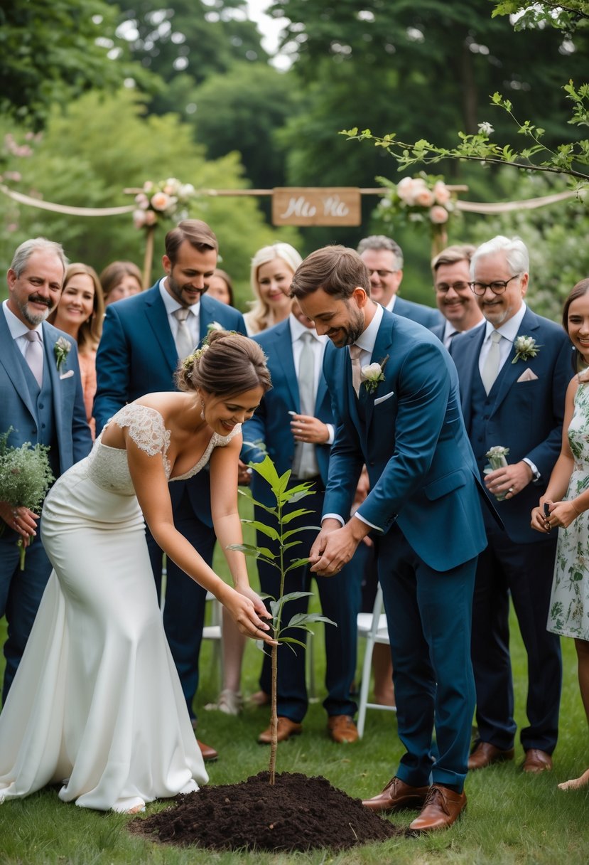 A small wedding ceremony where the bride, groom, and about 50 guests plant a tree together outdoors in a garden.