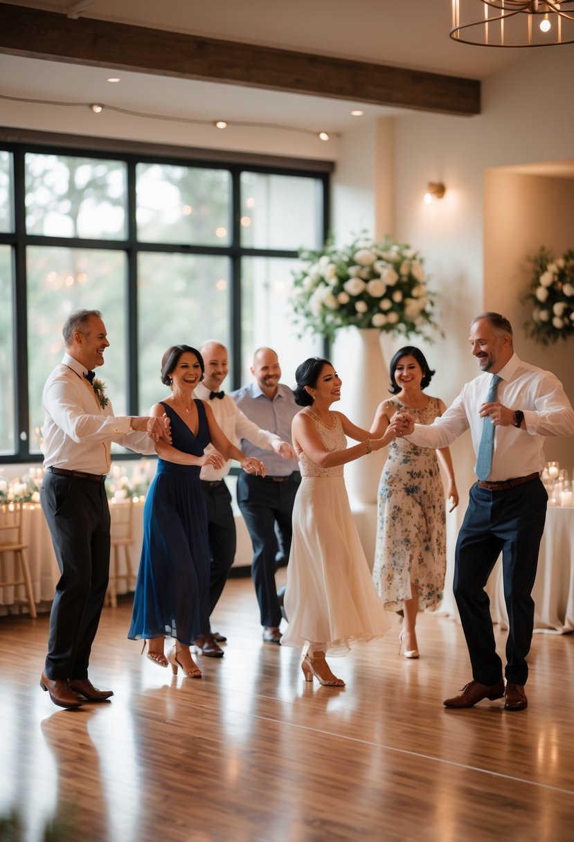 A small group of people dancing together in an indoor wedding reception space decorated with flowers and string lights.