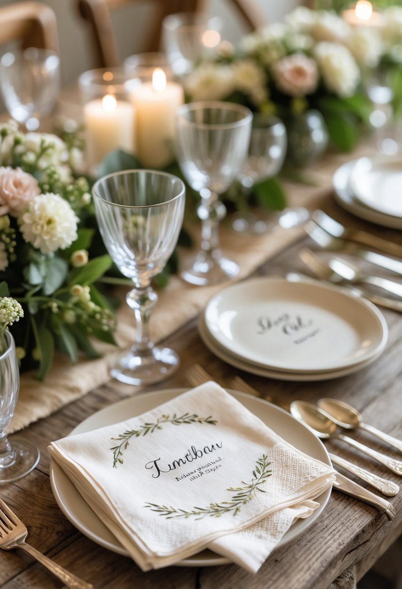 Close-up of personalized cocktail napkins on a wedding table set for a small, intimate celebration with flowers and glassware.