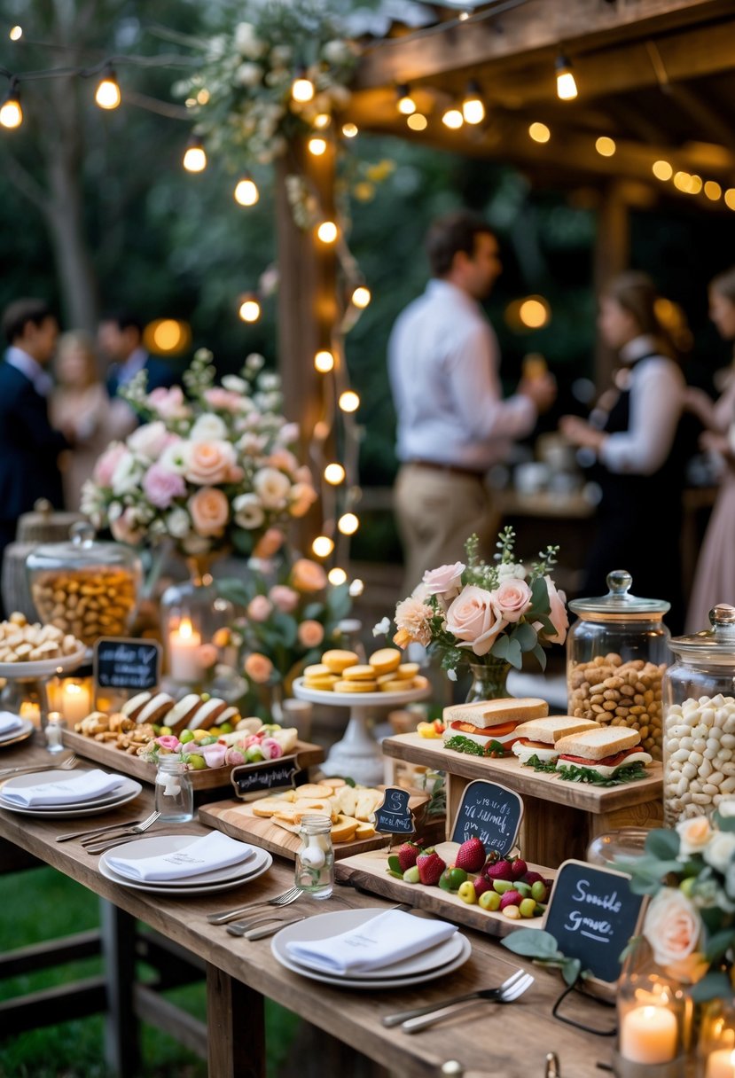 A late-night snacks station with finger foods, desserts, flowers, and warm lighting set up for a small wedding celebration.