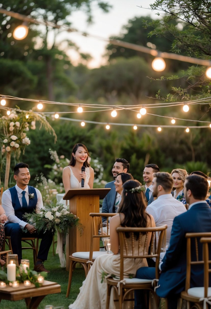 A close friend giving a heartfelt speech to a small group of wedding guests seated outdoors in a garden setting.