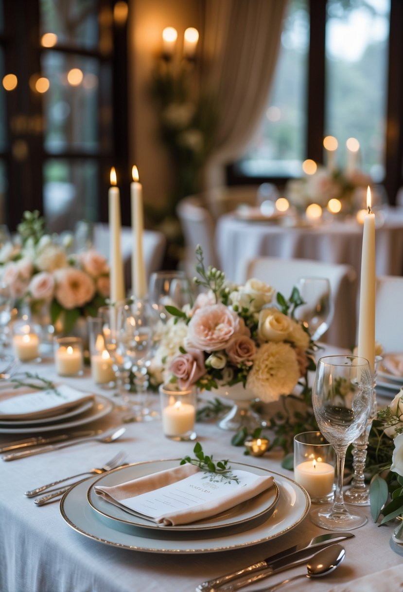 A dining table set for a small wedding with elegant plates, glasses, silverware, floral centerpieces, and candles in a cozy venue.