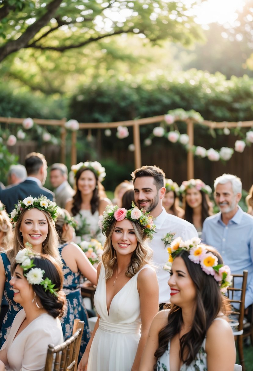 Small group of wedding guests wearing flower crowns gathered outdoors in a garden setting.