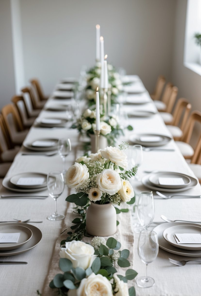 A wedding table set with neutral linens, simple flower arrangements, glassware, and candles in a softly lit room.