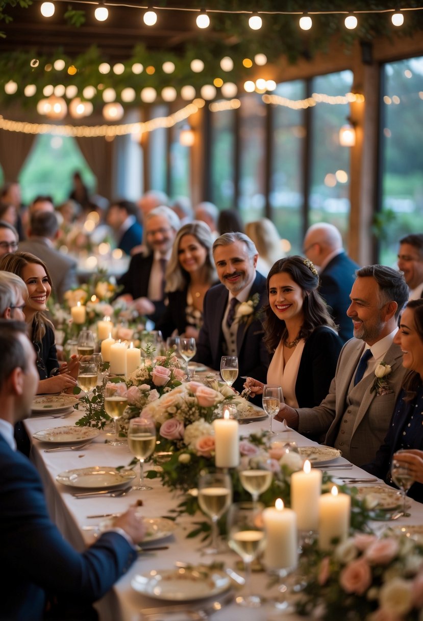 Guests sharing memories and enjoying a meal together at a small wedding reception with about 50 people.