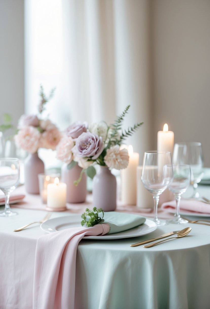 A wedding table set with a pastel-colored tablecloth and matching napkins, decorated with simple flowers and glassware.