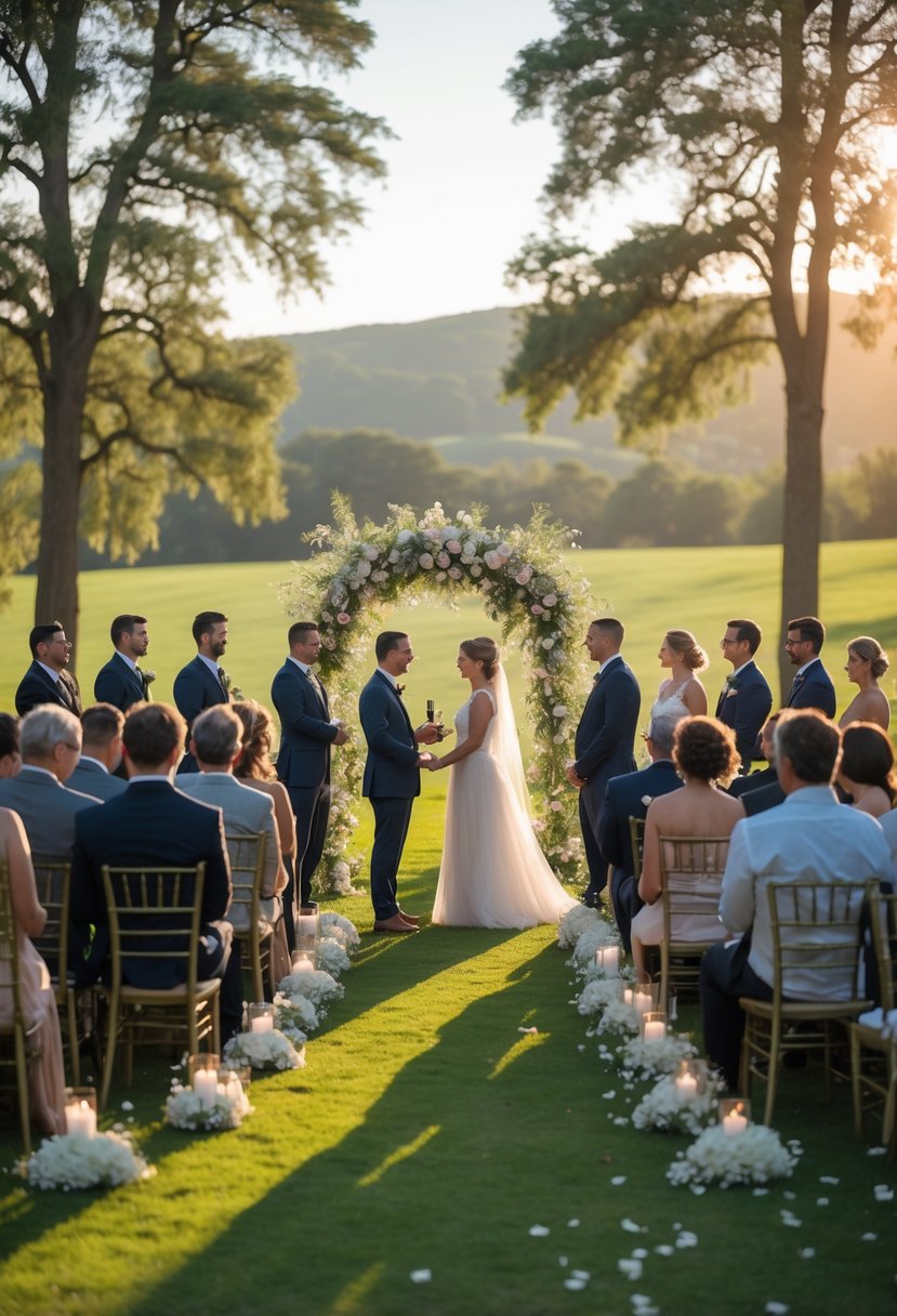An outdoor small wedding ceremony with about 50 guests seated on a lawn, the couple standing under a floral arch exchanging vows, surrounded by trees and soft sunlight.