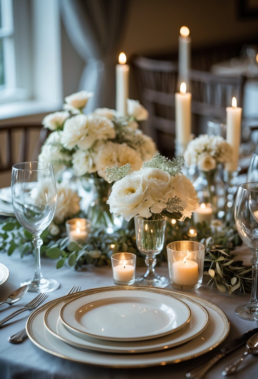 A wedding table set with white flowers, candles, fine china, and glassware in a softly lit room.