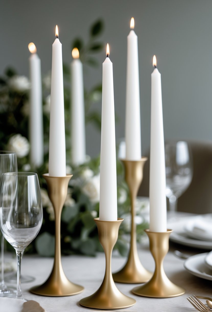 White taper candles in matte gold holders on a wedding table with simple decorations.