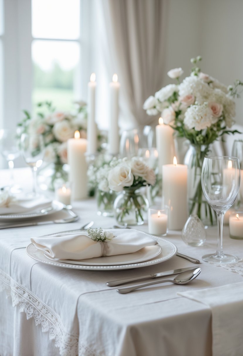 A wedding table set with white linen tablecloths trimmed with lace, decorated with candles, flowers, and tableware.