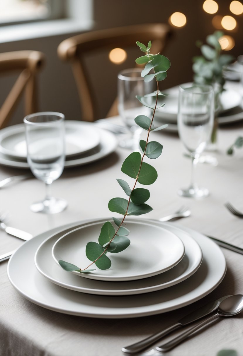 A wedding table with white plates, each holding a single eucalyptus sprig, arranged neatly with glassware and cutlery.