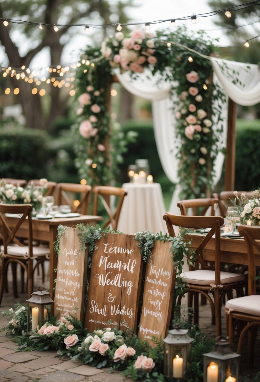 An intimate outdoor wedding setup with wooden chairs, floral decorations, and a decorated archway for a small gathering.