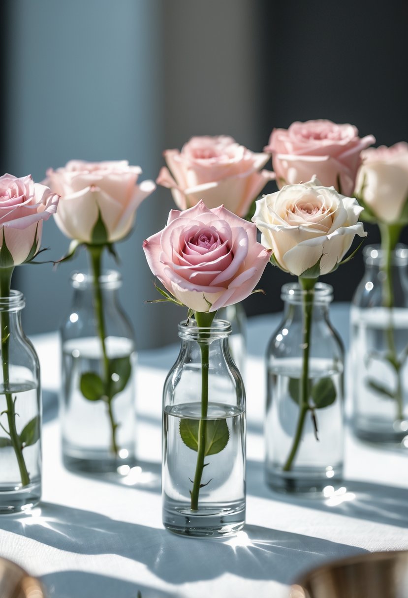 Clear glass bud vases each holding a single rose arranged on a wedding table.