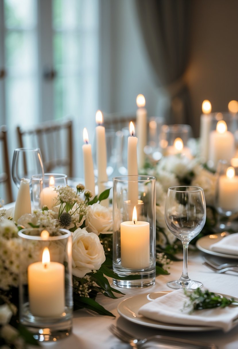 Lit candles in clear glass holders on a wedding table with white linens and floral decorations.