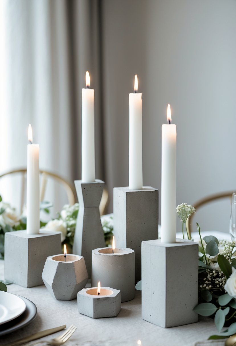 A wedding table with concrete candle holders holding lit white candles surrounded by small white flowers and greenery.