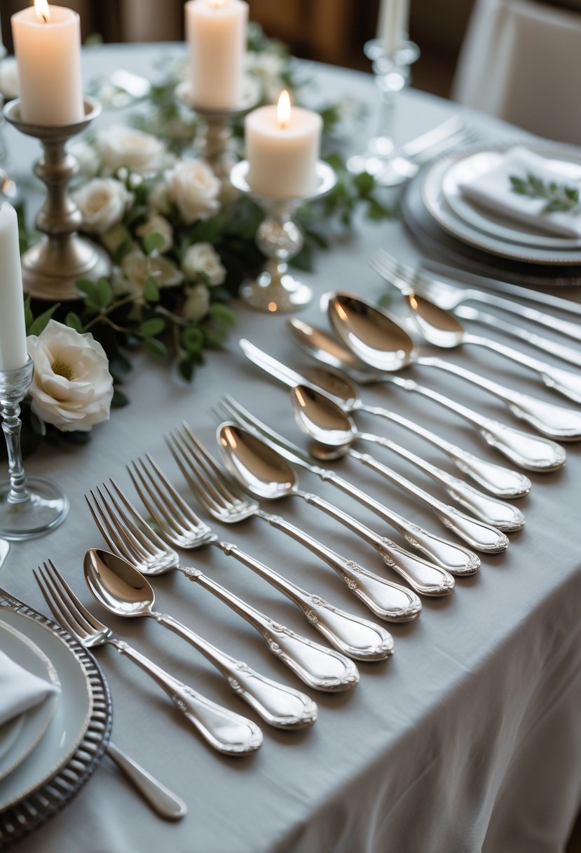 A polished vintage silverware set arranged on a wedding table with simple decorations and soft lighting.