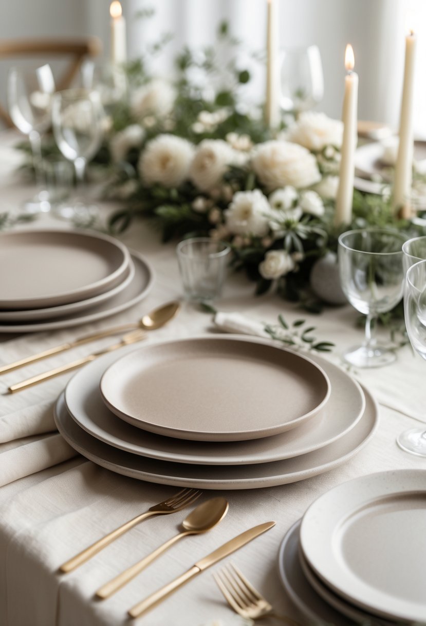 A wedding table set with neutral-tone ceramic plates, simple glassware, cutlery, and soft floral decorations.