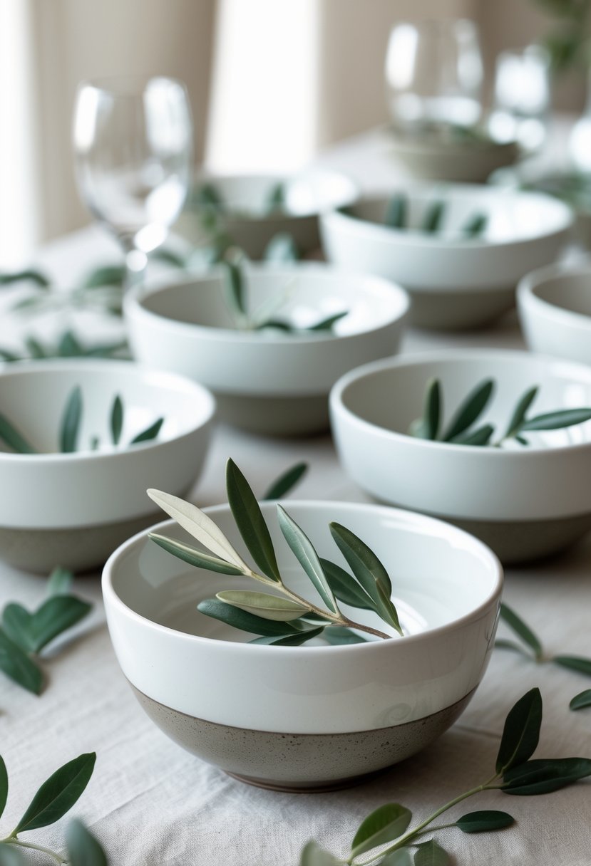 White ceramic bowls each holding a single olive branch arranged on a wedding table.