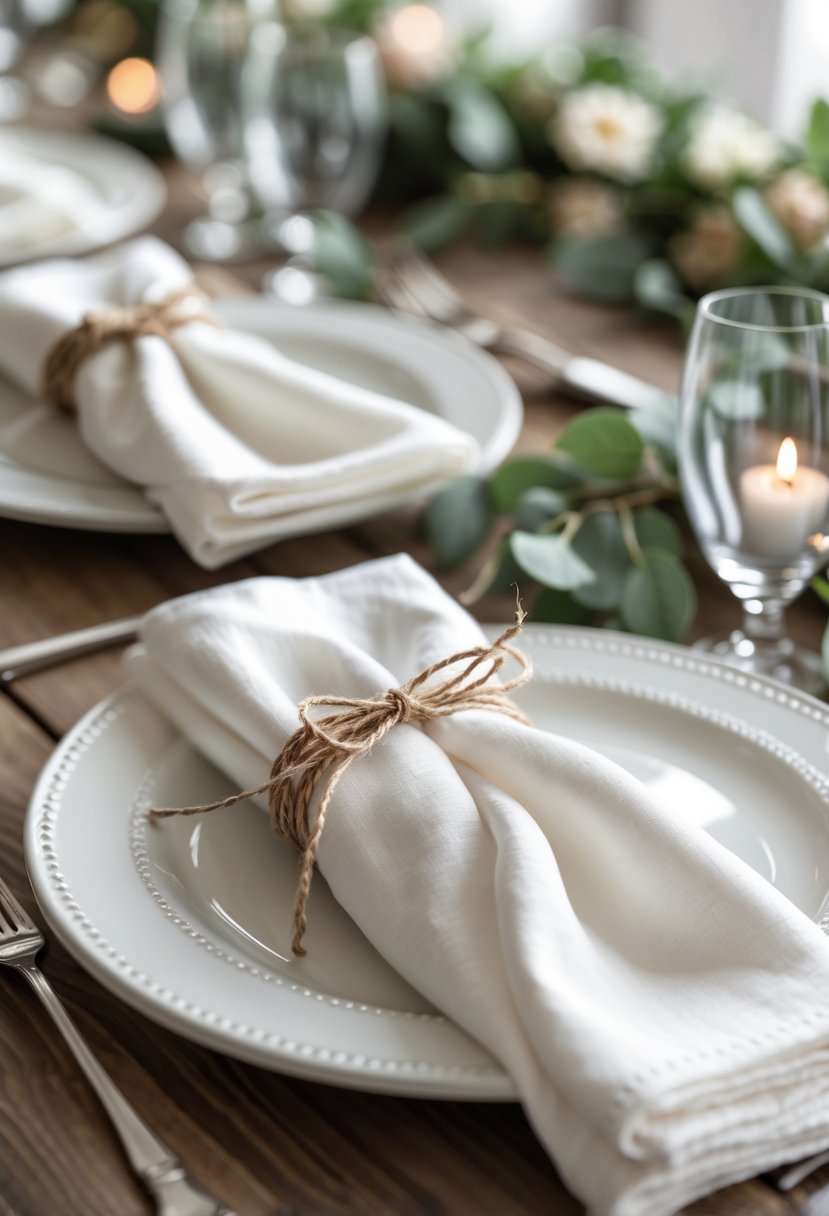 A wedding table with white folded napkins tied with twine placed on white plates on a wooden table with subtle greenery and flowers.