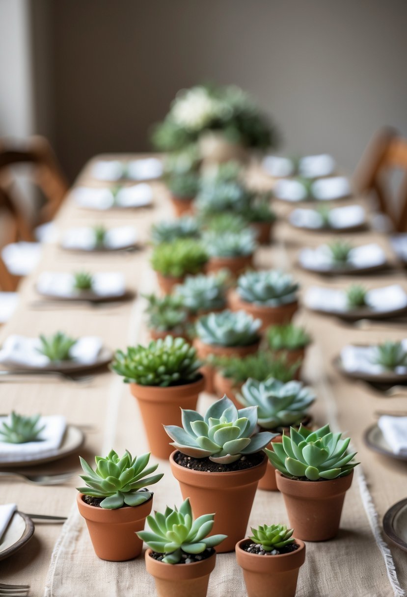 A wedding table decorated with small potted succulents arranged as favors and decor.